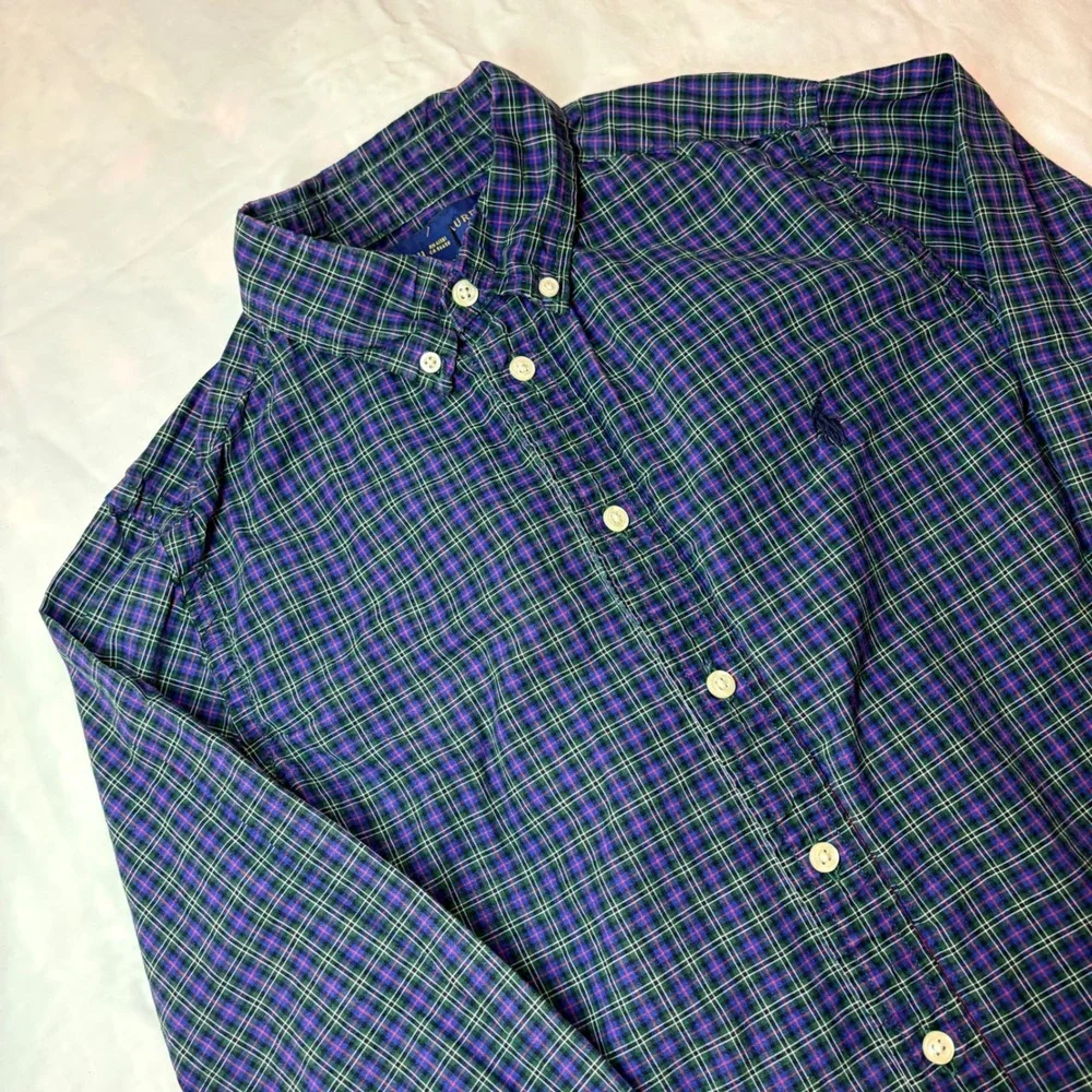 Ralph Lauren Boys Blue Green Plaid Button Down Shirt Sz L 14-16 Cotton Pony Logo